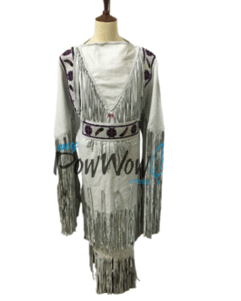 Woman’s Native American White Buckskin Leather Fringes Wedding Dress Powwow Regalia PWD451