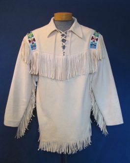 Mens Mountain Man White Buckskin Leather Beaded Fringes Shirt MMW471