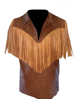 Western Brown Buckskin Leather Native American Fringe Vest VJ10474