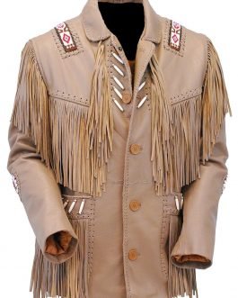 Western Beige Buckskin Leather Native American Beaded Fringe Jacket FJ10483