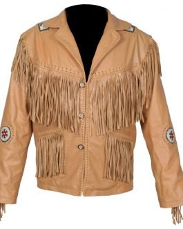 Western Beige Buckskin Leather Native American Beaded Fringe Jacket FJ10492