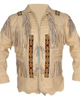 Western Beige Buckskin Leather Native American Beaded Fringe Jacket FJ10500