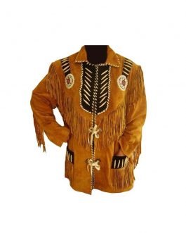 Western Buckskin Brown Suede Leather Native American Beaded Fringe Jacket FJS57