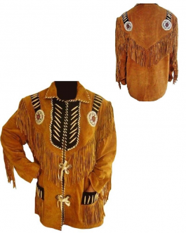 Western Buckskin Brown Suede Leather Native American Beaded Fringe Jacket FJS57