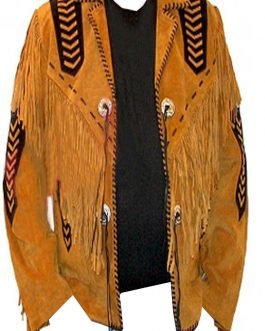 Western Buckskin Brown Suede Leather Native American Beaded Fringe Jacket FJS60