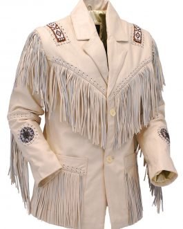 Western Beige Buckskin Leather Native American Beaded Fringe Jacket FJ1062