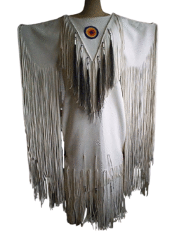 Woman’s Native American White Buckskin Leather Fringes Wedding Dress Powwow Regalia WD68