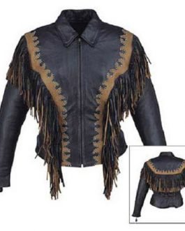 Western Woman’s Black Buckskin Leather Fringes Cow Girl Jacket WJ108