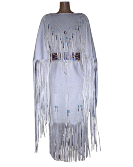 Woman’s Native American White Buckskin Leather Fringes Beaded Wedding Dress Powwow Regalia WD09