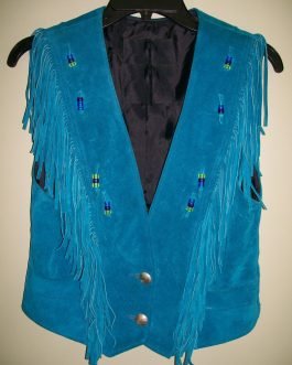 Western Woman’s Turquoise Buckskin Suede Leather Fringes Cow Girl Vest WV1030