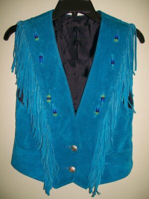 Western Woman's Turquoise Buckskin Suede Leather Fringes Cow Girl Vest WV1030