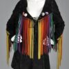 Western Native Woman's Black Buckskin Suede Leather Rainbow Fringes Long Coat / Jacket WJ2260