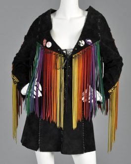 Western Native Woman’s Black Buckskin Suede Leather Rainbow Fringes Long Coat / Jacket WJ2260