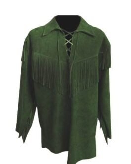 Mens Mountain Man Green Buckskin Suede Leather Fringes Shirt MMB449