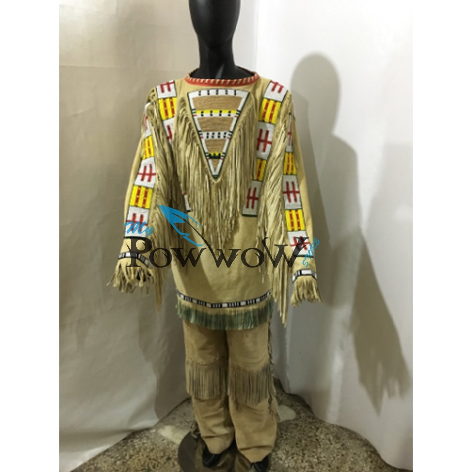 SIOUX Beaded Old Native American Style Beige Buffalo Hide Powwow Regalia  War Shirt PWS1443