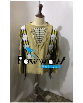 SIOUX Beaded Old Native American Style Beige Buckskin Leather Powwow Regalia War Shirt PWS01