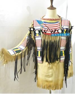 SIOUX Beaded Old Native American Style Beige Buckskin Leather Powwow Regalia War Shirt PWS02