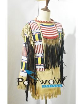 SIOUX Beaded Old Native American Style Beige Buckskin Leather Powwow Regalia War Shirt PWS02