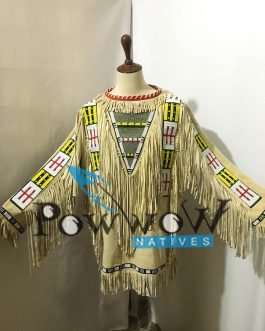 SIOUX Beaded Old Native American Style Beige Buffalo Hide Powwow Regalia War Shirt PWS1443