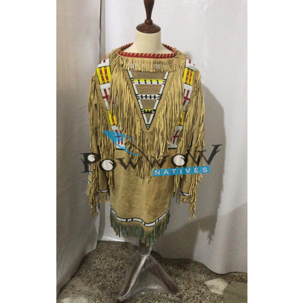 1800's Old Native American Beige Buckskin Leather Powwow Regalia SIOUX  Beaded War Shirt NA238