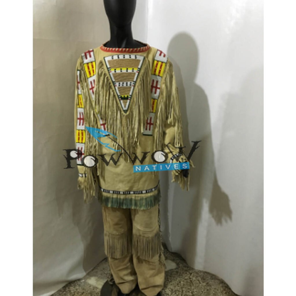 1800's Old Native American Beige Buckskin Leather Powwow Regalia SIOUX  Beaded War Shirt NA235