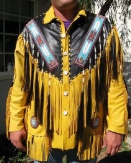 Mens Tan Yellow Buffalo Leather Native American Old Style Beaded Fringe Western Jacket FJ10100