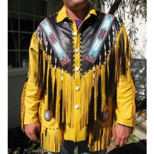 Men Native American Western Buckskin Buffalo Leather Fringe War Shirt