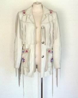 Mens White Buffalo Leather Native American Beaded Fringe Western Jacket FJ1128