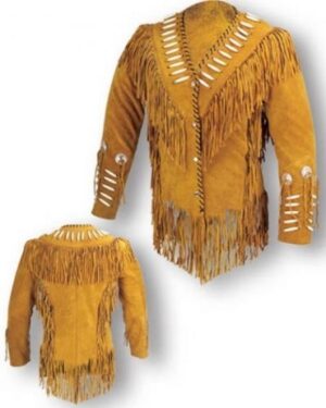 Mens Golden Brown Buffalo Suede Leather Native American Fringe Western Jacket FJ1132