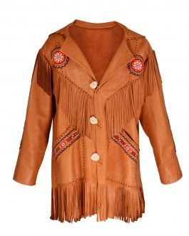 Mens Tan Buffalo Leather Native American Beaded Fringe Western Jacket / Coat WLJ1162