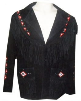 Mens Black Buffalo Suede Leather Native American Old Style Beaded Fringe Western Jacket FJ1168