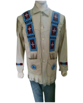 Mens Beige Leather Native American Sioux Beaded Fringe Western Jacket / Coat FLJ1169