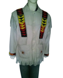 Mens Beige Leather Native American Sioux Beaded Fringe Western Jacket / Coat FLJ1170