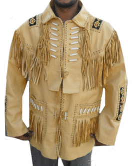 Mens Tan Leather Native American Beaded Fringe Western Jacket WLJ1175