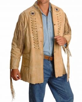 Mens Beige Buffalo Leather Native American Beaded Fringe Western Jacket FJ1018