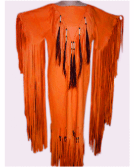 Woman’s Native American Orange Buckskin Leather Fringes Wedding Dress Powwow Regalia WDOR22