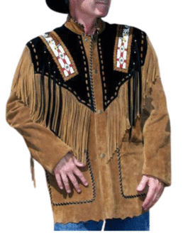 Mens Brown Black Buffalo Suede Leather Native American Eagle Beaded Fringe Western Jacket FJ1036