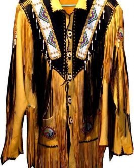 Mens Tan Yellow Buffalo Leather Native American Old Style Beaded Fringe Western Jacket FJ1043