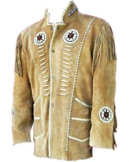 Mens Beige Buffalo Suede Leather Native American Beaded Fringe Western Jacket FJ1044