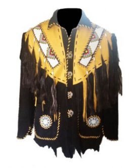 Mens Black Buffalo Suede Leather Native American Old Style Beaded Fringe Western Jacket FJ1045