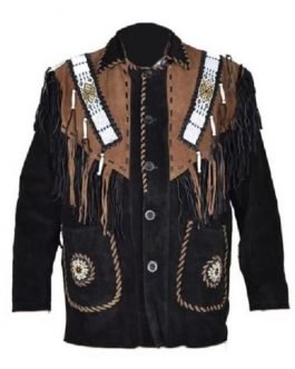 Mens Black Buffalo Suede Leather Native American Old Style Beaded Fringe Western Jacket FJ1046