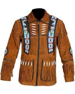 Mens Brown Buffalo Suede Leather Native American Eagle Beaded Fringe Western Jacket WFJ1489