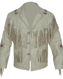 Mens Beige Leather Native American Beaded Fringe Western Jacket WLJ494