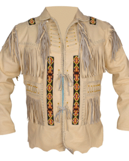 Mens Beige Leather Native American Beaded Fringe Western Jacket FLJ500