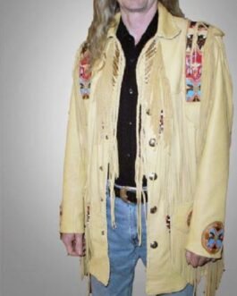 Mens Tan Leather Native American Beaded Fringe Western Jacket WLJ1531