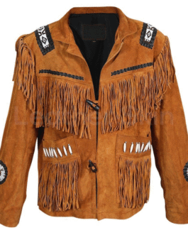 Mens Brown Buffalo Suede Leather Native American Beaded Fringe Western Jacket WFJ535