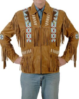 Mens Brown Buffalo Suede Leather Native American Eagle Beaded Fringe Western Jacket WFJ1539