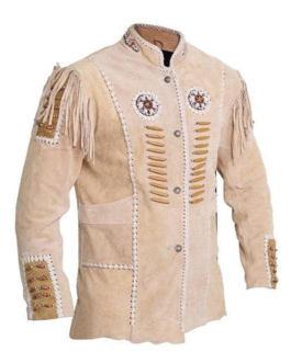 Mens Beige Buffalo Suede Leather Native American Beaded Fringe Western Jacket WFJ567