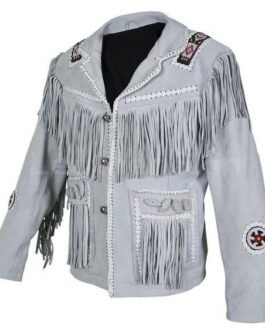 Mens Beige Buffalo Suede Leather Native American Beaded Fringe Western Jacket / Coat FJ1585