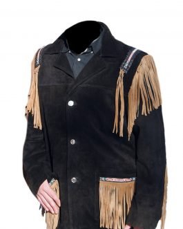 Mens Black Buffalo Suede Leather Native American Old Style Beaded Fringe Western Jacket FJ1061